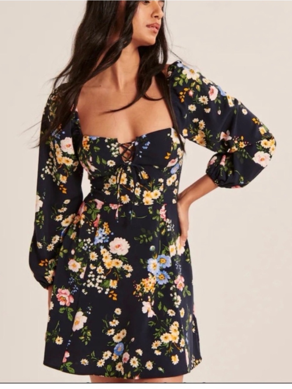 Abercrombie & Fitch Navy Floral Lace-Up Mini Dress dainty coquette renaissance